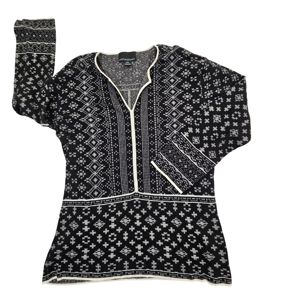 Cynthia Rowley Black White Geometric Cotton Knit Sweater MC9235-39 Womens Medium